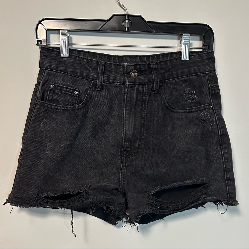 Momokrom Distressed Black High Rise Jean Shorts Size 4